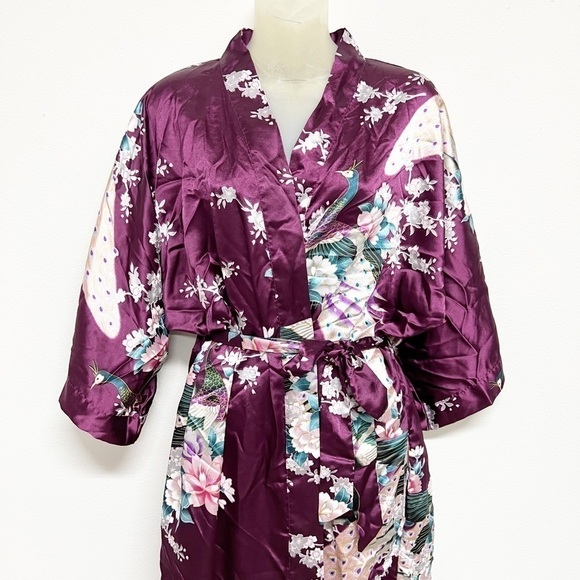 Old Shanghai Womens Dark Purple Peacock Feather Floral Print Belted Kimono Sz OS - Picture 2 of 8